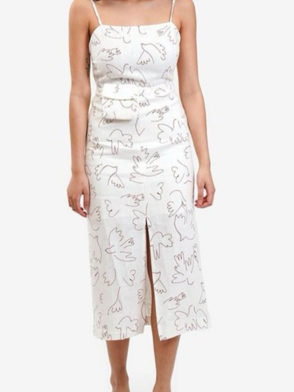 Paloma Wool White Linen Dress with Line drawings of doves and pouch belt detail
